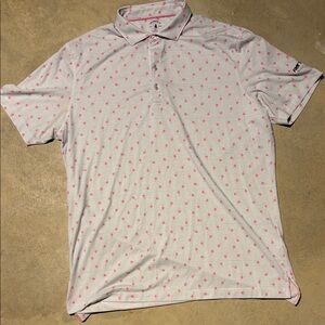 Johnnie-O Polo Light Blue Stripes and Pink Palm Trees Large